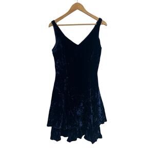 90s Elizabeth Wayman Blue Crushed Velvet Tiered V Neck Dress 6 Retro Glam Silk